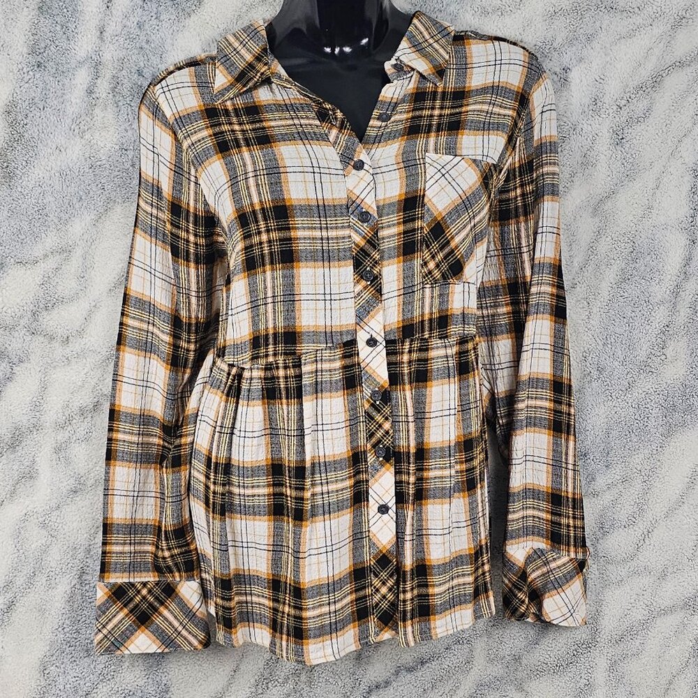 Torrid 1 1X 14-16 Yellow Black Plaid Crinkle Gauze Peplum Blouse Farm Girl Core